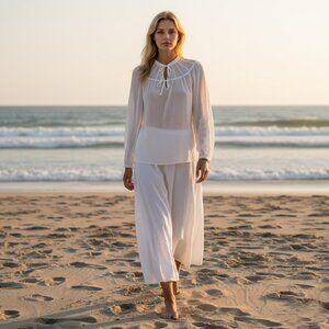 White Sheer Cotton Striped Texture Long Sleeve Blouse Premium Perfect Fit